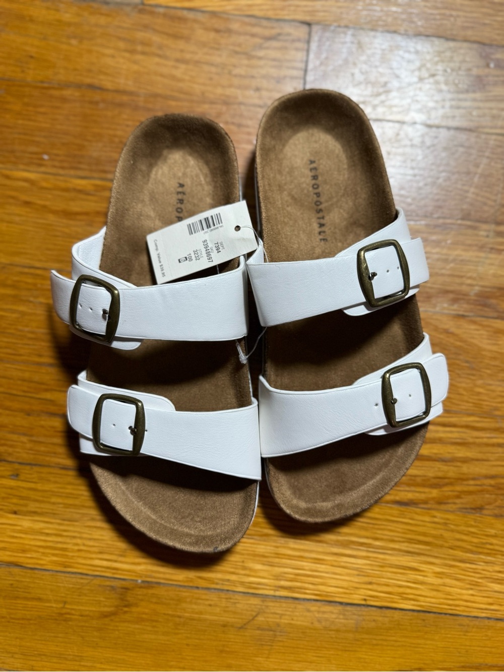 Aeropostale Kids White Double-Buckle Slide Sandals with Brown Footbed
